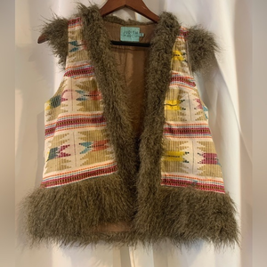Judith March Tribal Boho Vest - EUC - Faux Fur‎ Trimmed Aztec Embroidered Vest L